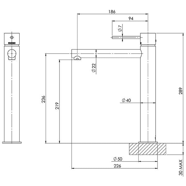 Phoenix Vivid Slimline Vessel Mixer-Brushed Gold specs- line drawing and dimensions