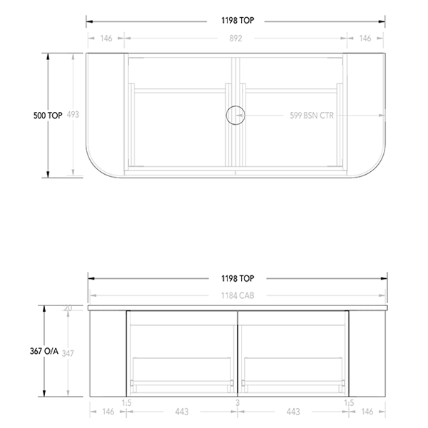 Technical Drawing - ADP Waverley Vanity 1200mm