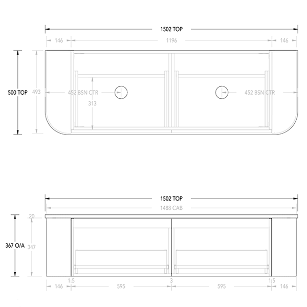 Technical Drawing - ADP Waverley Vanity 1500mm double bowl