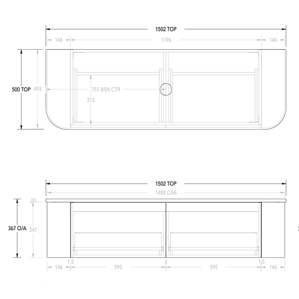 Technical Drawing - ADP Waverley Vanity 1500mm single bowl