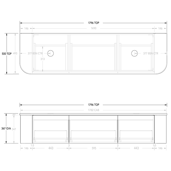 Technical Drawing - ADP Waverley Vanity 1800mm double bowl
