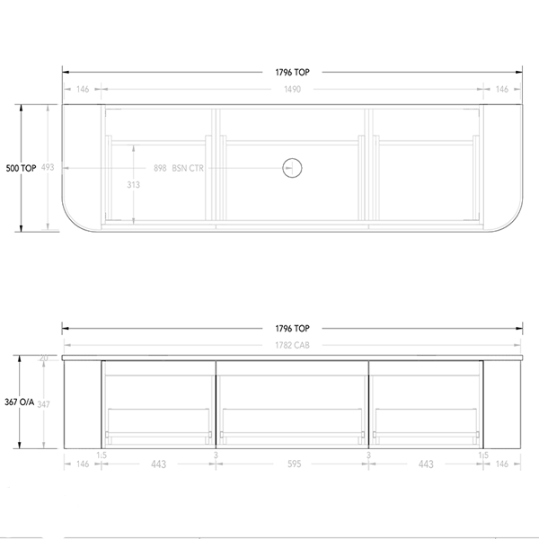 Technical Drawing - ADP Waverley Vanity 1800mm single bowl