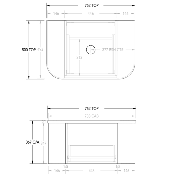 Technical Drawing - ADP Waverley Vanity 750mm