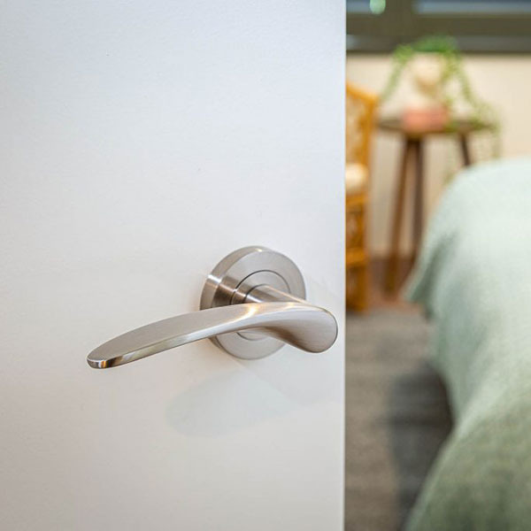 Zanda Apollo Passage Set Satin Chrome on bedroom door - The Blue Space