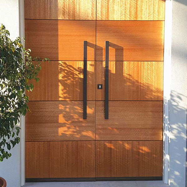 Zanda Polo Pull Handle Graphite Nickel Pair on timber front door | The Blue Space