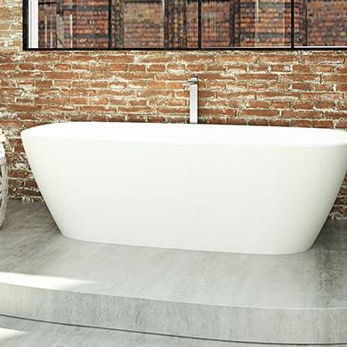 Image of a bathroom with Caroma freestanding bath and brick walls