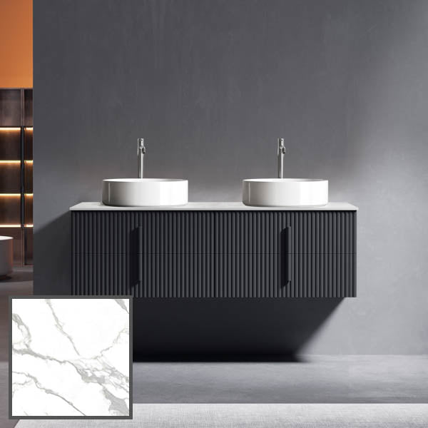 Ingrain 1500mm Wall Hung Vanity with Calacatta Grain Sintered Stone Top and bench mounted tap