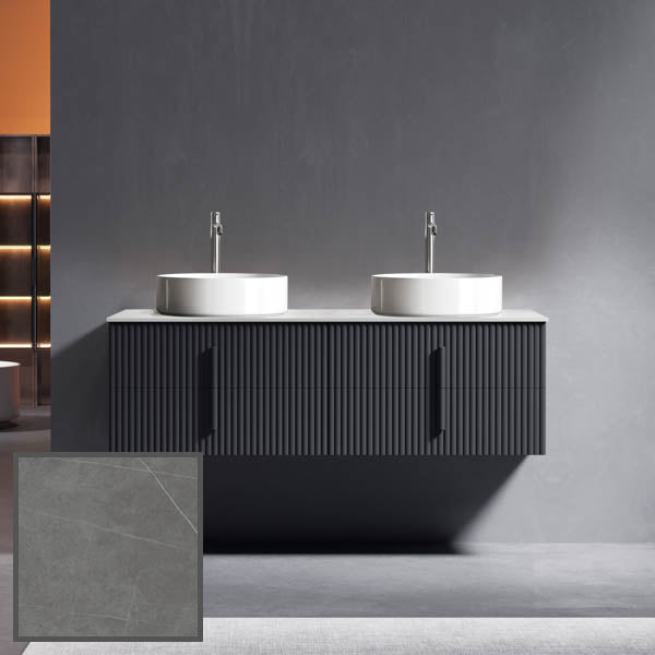 Ingrain 1500mm Wall Hung Vanity with Grey Veins Sintered Stone Top and bench mounted tap
