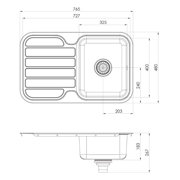 Phoenix 1000 Series Single Bowl Sink 765 x 480mm No Taphole The Blue Space - line drawing