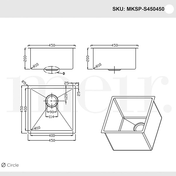 Meir Single Bowl PVD Kitchen Sink 450mm - Gunmetal Black Dimensions - The Blue Space