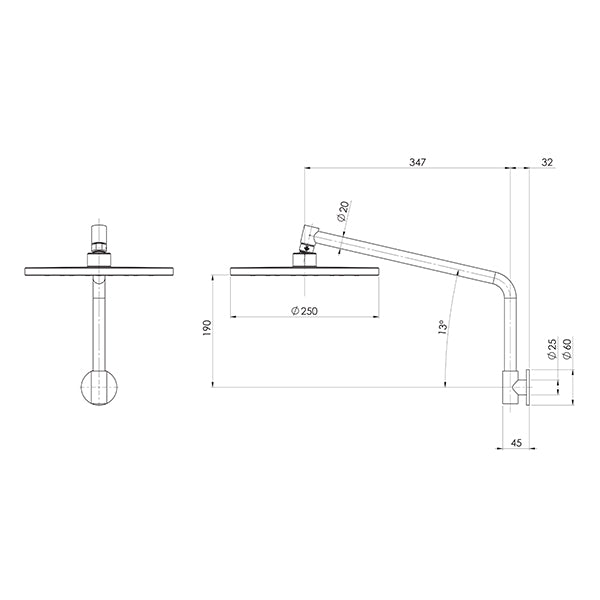 Phoneix Tapware Ormond Luxe XP High-Rise Shower Arm and Rose Technical Drawing - The Blue Space