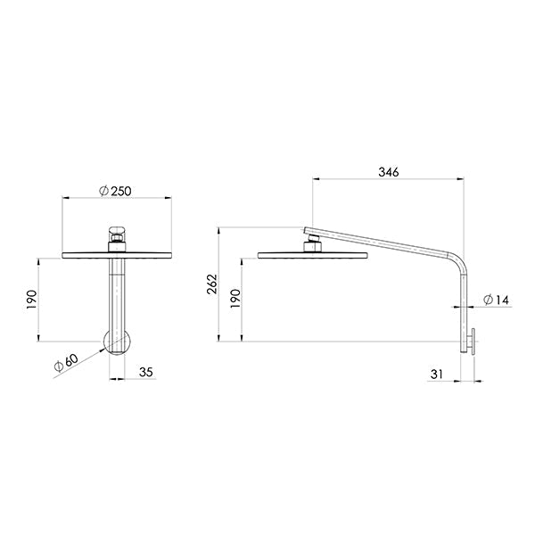 Phoneix Tapware Oxley Luxe XP High-Rise Shower Arm and Rose Technical Drawing - The Blue Space