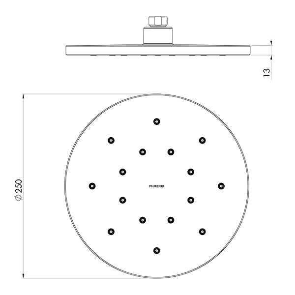 Phoenix Tapware Luxe XP 250mm Round Shower Rose Technical Drawing - The Blue Space