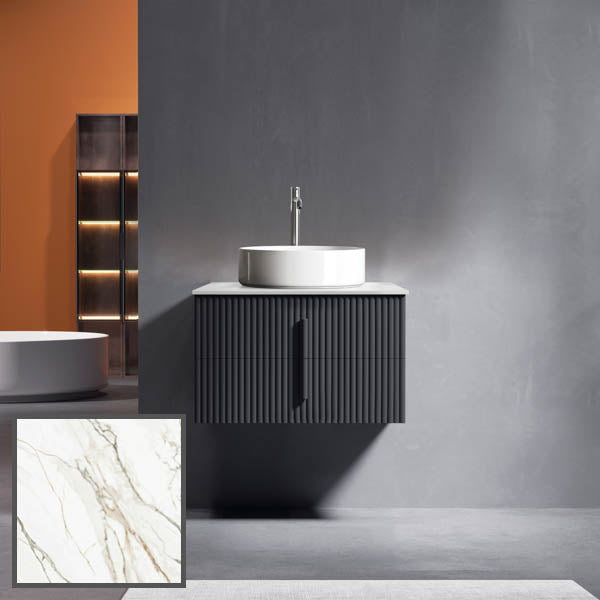 Ingrain 750mm Wall Hung Vanity with Mixed Grain Sintered Stone Top and bench mounted tap