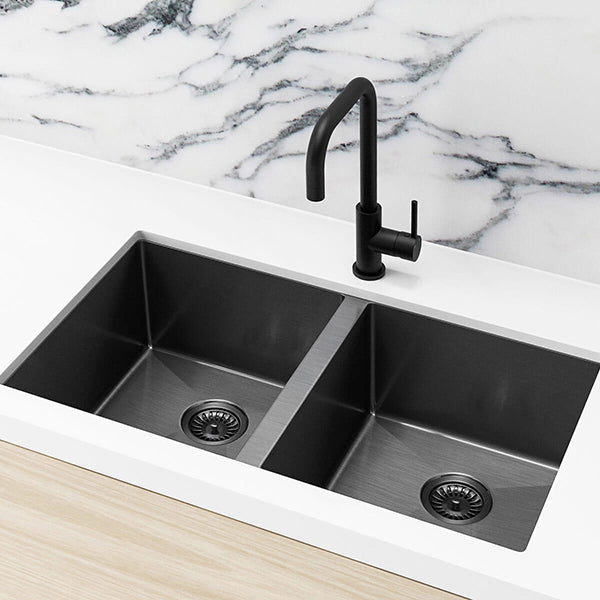 Meir Double Bowl PVD Kitchen Sink 760mm - Brushed Gun Metal Featured on a White Kitchen Benchtop and Marble Splashback with a Squared Off Sink Mixer -The Blue Space