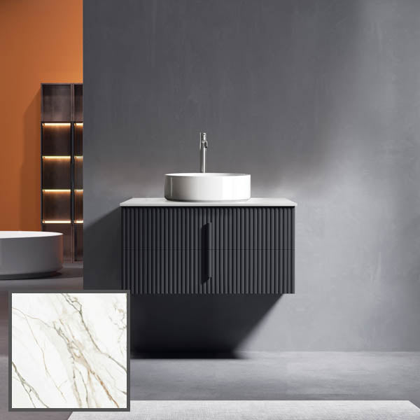 Ingrain 900mm Wall Hung Vanity with Mixed Grain Sintered Stone Top and bench mounted tap