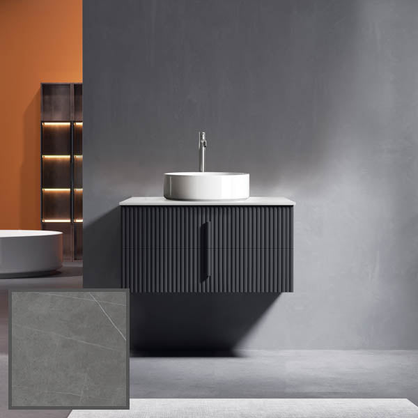 Ingrain 900mm Wall Hung Vanity with Grey Veins Sintered Stone Top and bench mounted tap