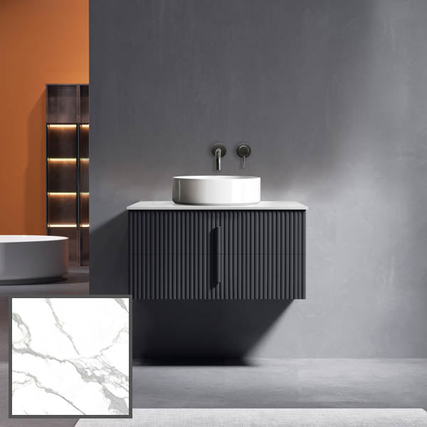Ingrain 900mm Wall Hung Vanity with Calacatta Grain Sintered Stone Top and wall mounted tap