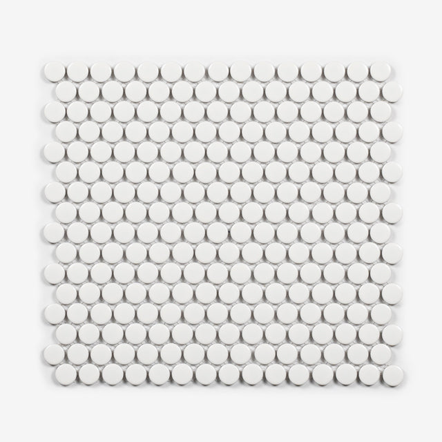 Mooloolaba Satin White Porcelain Penny Round Mosaic Tile 20x20mm  | The Blue Space