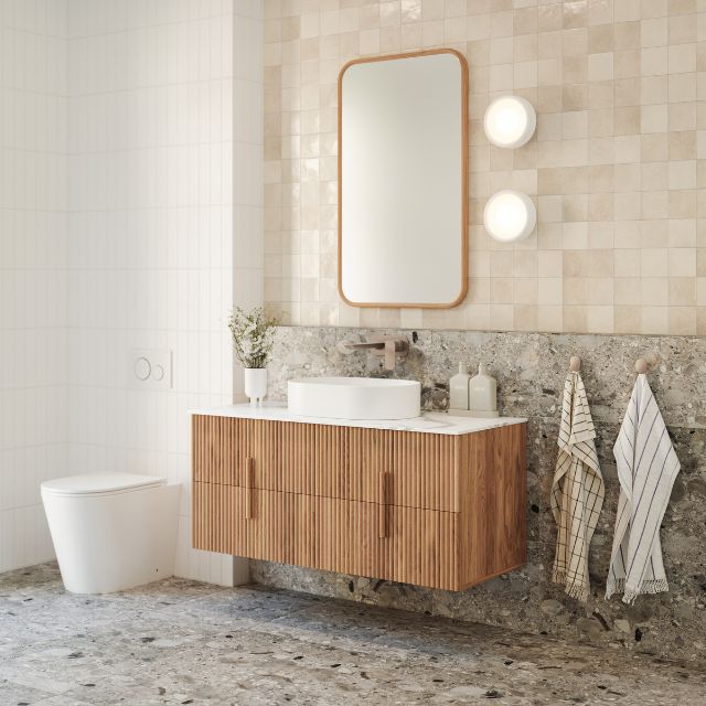 Bao Elegant Wall Faced Toilet with Geberit Sigma Inwall Cistern in Matte White in Warm Neutral bathroom