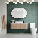 Ingrain Ash Pill Horizontal Shaving Cabinet 1200mm IGHMC1200 in bathroom with green tiles and gold tapware at The Blue Space