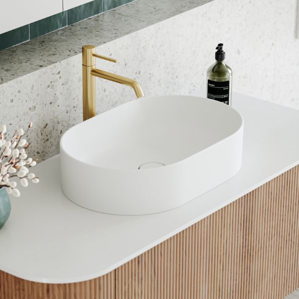 Bao Pill 500mm Above Counter Bathroom Vanity Basin in Matte White - The Blue Space