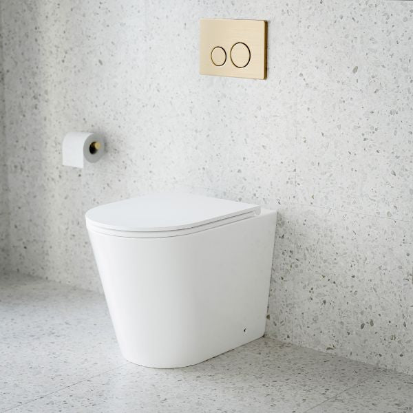 Bao Elegant Concealed Toilet Suite with R&T cistern and Nero flush buttons in brushed gold - The Blue Space