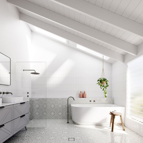 Baö Elegant Back to Wall Corner in Gloss White with Meir Shadow Tapware and Tamarama Soft Grey Floor Tiles with Whitehaven White Gloss Frame Subway Tiles. Pictured with Timberline Sutherland House, Farmhouse vanity.