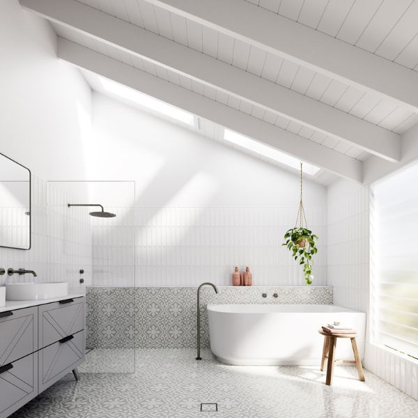 Baö Elegant Back to Wall Corner in Gloss White with Meir Shadow Tapware and Tamarama Soft Grey Floor Tiles with Whitehaven White Gloss Frame Subway Tiles. Pictured with Timberline Sutherland House, Farmhouse vanity.