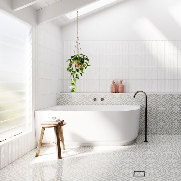 Baö Elegant Back to Corner Bath in Gloss White with Meir Shadow Tapware and Tamarama Soft Grey Floor Tiles with Whitehaven White Gloss Frame Subway Tiles