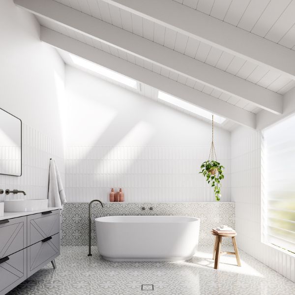 Baö Elegant Freestanding Bath in Gloss White with Meir Shadow Tapware and Tamarama Soft Grey Floor Tiles with Whitehaven White Gloss Frame Subway Tiles. Pictured with Timberline Sutherland House, Farmhouse vanity.