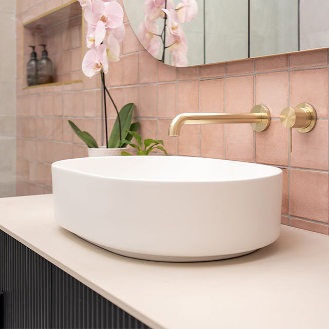 Nero Mecca Wall Basin Mixer Sep BP 160mm Spout Brushed Gold