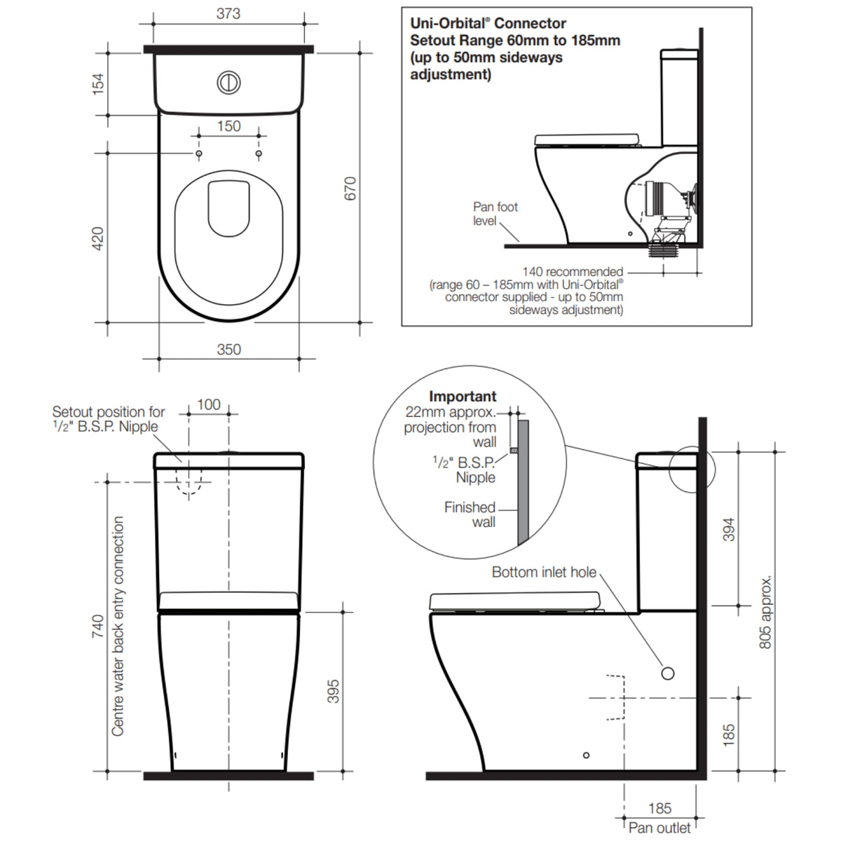 Caroma Luna Back to Wall Toilet Suite Dimensions - The Blue Space