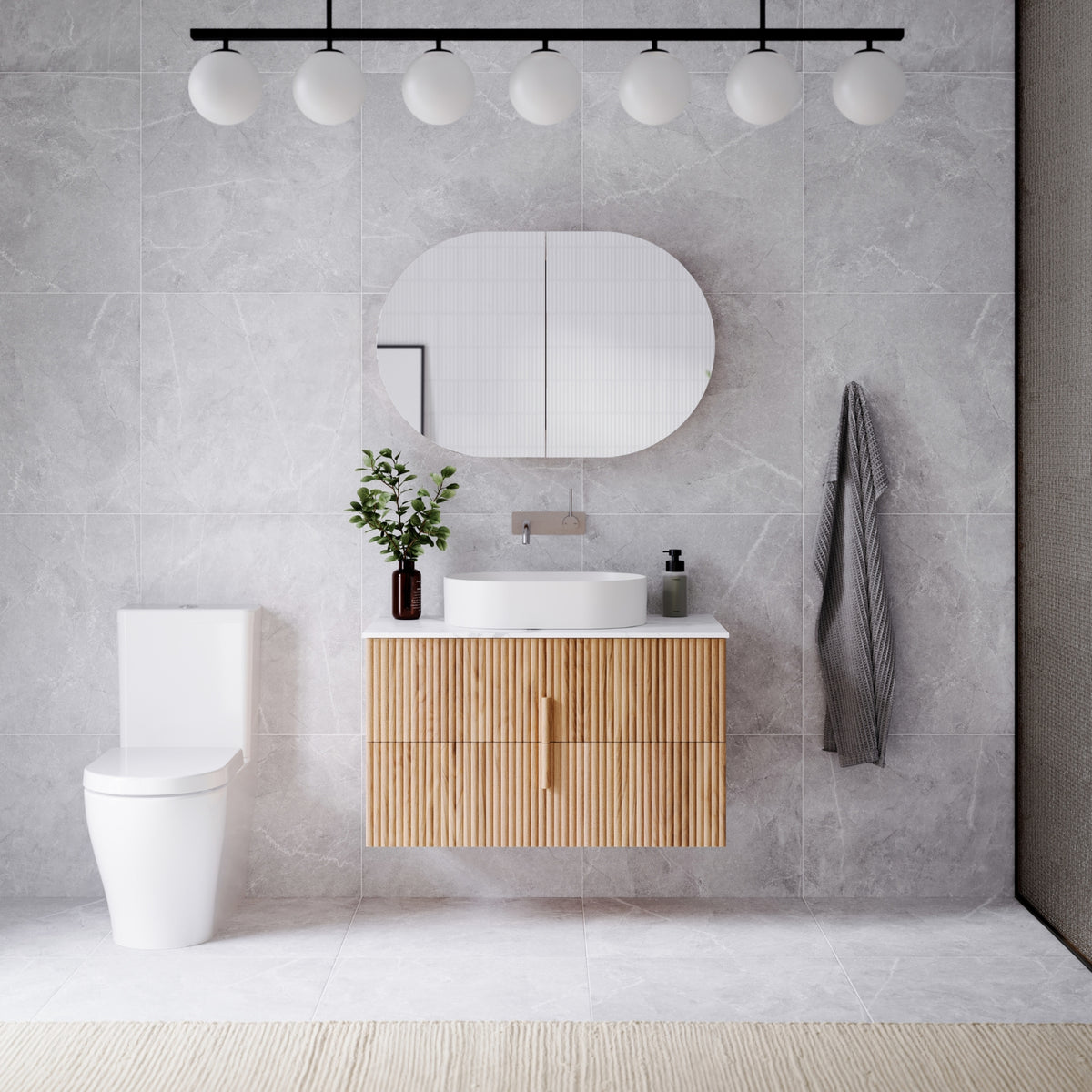 Caroma Luna Toilet Suite in Modern Neutral Bathroom with Ingrain Contoured Vanity and Shaving Cabinet - The Blue Space
