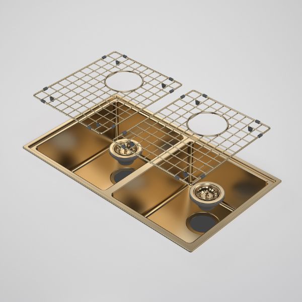 Caroma Urbane II Brushed Brass Double Bowl Sink with Protective Grids and Basket Wastes Included