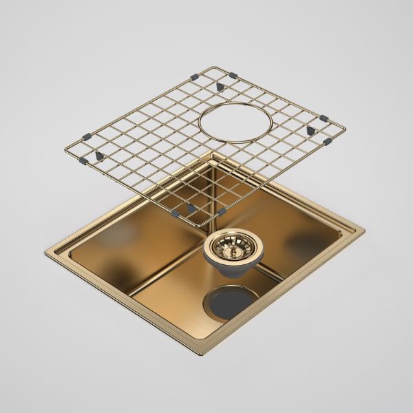 Caroma Urbane II Brushed Brass Single Bowl Sink with Protective Grid and Basket Waste Included