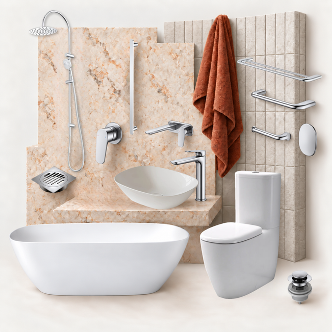 A bathroom fixture set displayed together against a light beige tiled wall, including a freestanding white bathtub, a white vessel sink with a chrome faucet, a white toilet, a wall-mounted shower system with handheld shower and rain head, chrome towel bars and racks, a brown towel, and a drain assembly.