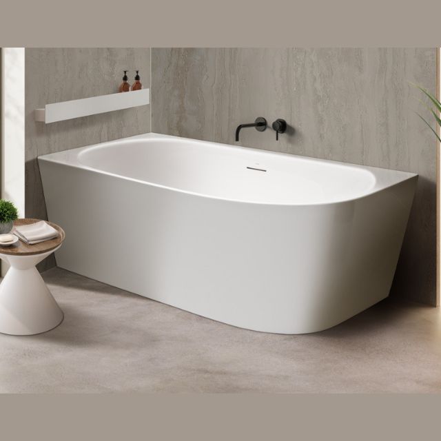 Decina Natalia Back to Corner Freestanding Bath with Overflow 1700 Left hand Corner with Travertine tiles