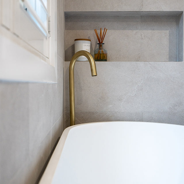 Fienza Nero 1400mm Matte White Stone Bath at The Blue Space Real Reno