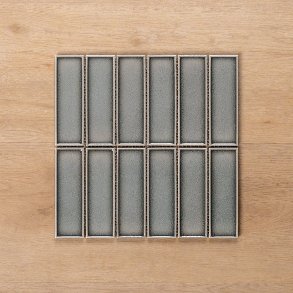 Palm Cove Grey Gloss Crackle Porcelain Mosaic Tile 47x147mm Vertical - The Blue Space