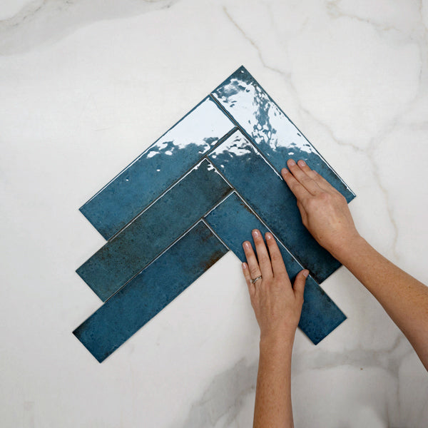 Blue Andrea Subway Tile Textural Gloss 75 x 300 x 8mm Italian Porcelain