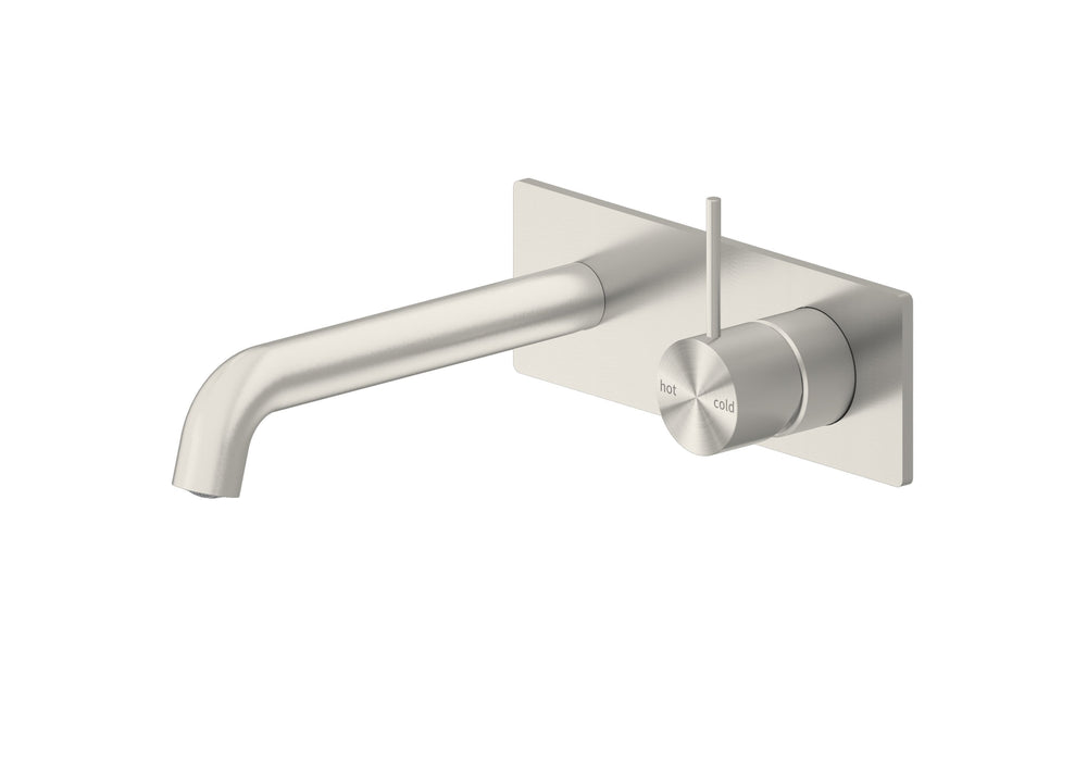 Nero Mecca Wall Basin Mixer Handle Up 230mm Spout Brushed Nickel | The Blue Space