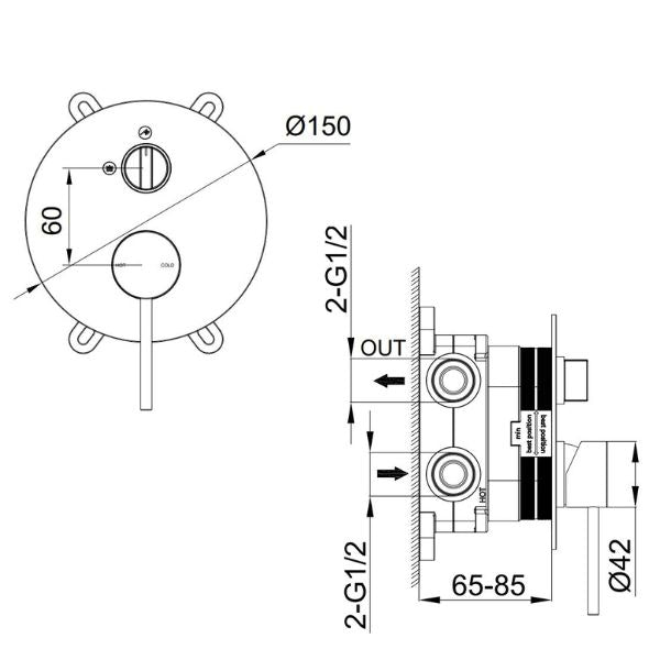 Technical Drawing - Indigo Alisa Bath/Shower Mixer With Diverter Matte Black US5511MB