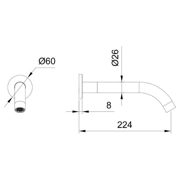 Technical Drawing - Indigo Alisa Bath/Basin 220mm Spout Matte Black US5507MB