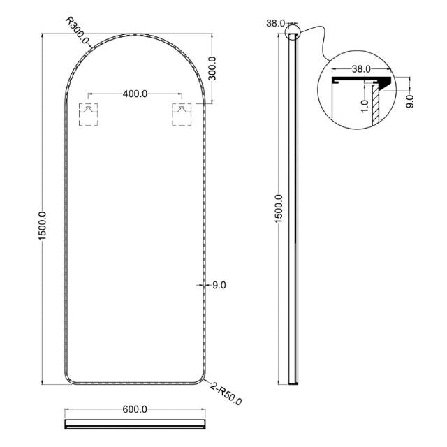 Brushed Gold Arch Shaped Full Length Mirror 1500 x 600mm by ingrain