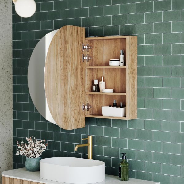 Ingrain Ash Pill Horizontal Shaving Cabinet 1200mm IGHMC1200 with open door at The Blue Space