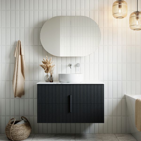 Ingrain Contoured Graphite Grey Wall Hung Vanity in Japandi bathroom design - The Blue Space