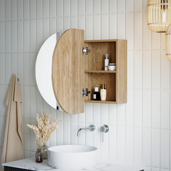 Ingrain Ash Pill Horizontal Shaving Cabinet 900mm IGHMC900 with doors open showing woodgrain interior at The Blue Space