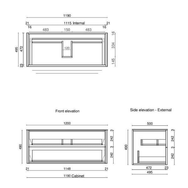 Ingrain Barrington Solid Timber Wall Hung Vanity 1200mm Technical Drawing - The Blue Space