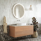 Ingrain Barrington 1200mm Sustainable Timber Vanity in Tasmanian Oak with Ingrain Round LED mirror, large grain terrazzo floor tiles and textural white wall tiles - The Blue Space